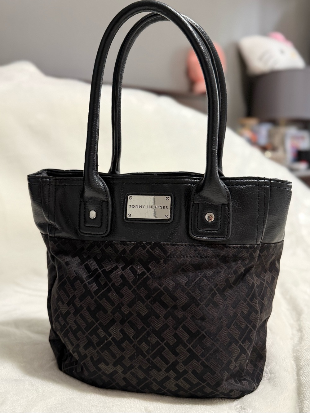 Tommy Hilfiger Black Jacquard Logo Tote with Leather Trim